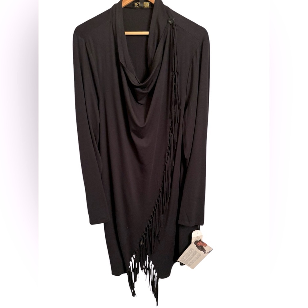 Serena Williams Black fringe edged front wrap 3X NWT long sleeve deep black